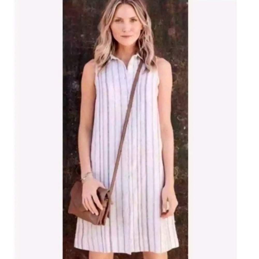 Garnet Hill Dress Linen Sleeveless Striped Shift White 14 Coastal Minimalist